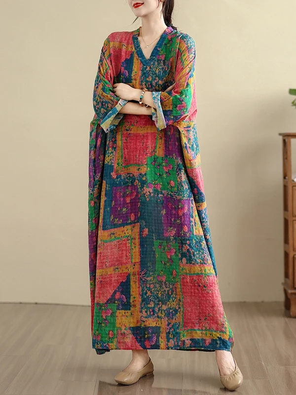 plus Size Cotton Linen V-Ne Travel Casual Long Dr Meat Concealing Vintage Sle Holiday Wind New Model Full Coverage Gown