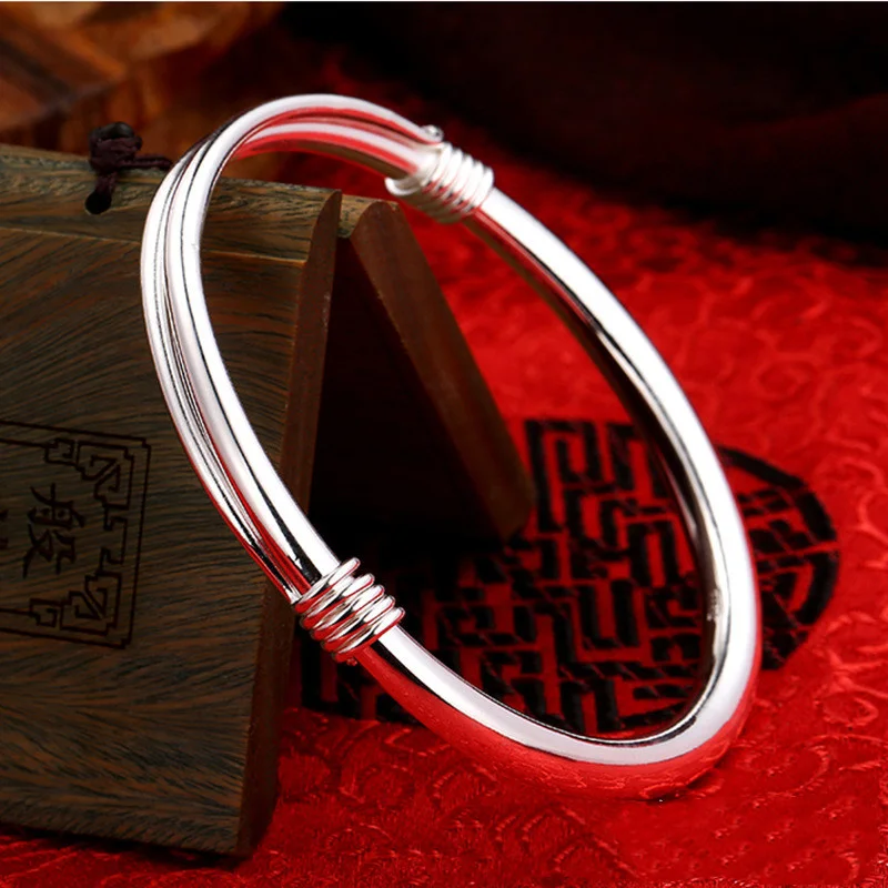 S999 Silver Ladies Bangles Smooth Winding Push Pull Bracelet Round Bar Fashion Simple Trend Silver Jewelry Gift For Girlfriend