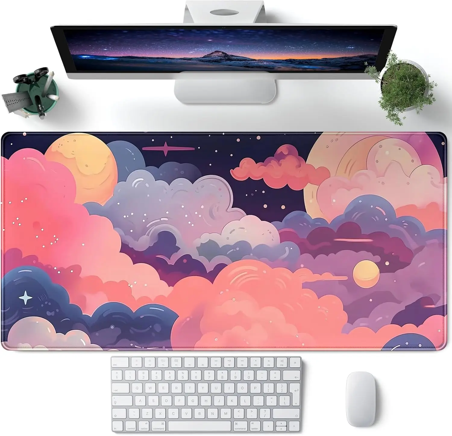 Dreamy Clouds Moon Desk Mat, Aesthetic Galaxy Space Large Gaming Mouse Pad, Non-Slip Keyboard Pad for Gamer Home Office Decor