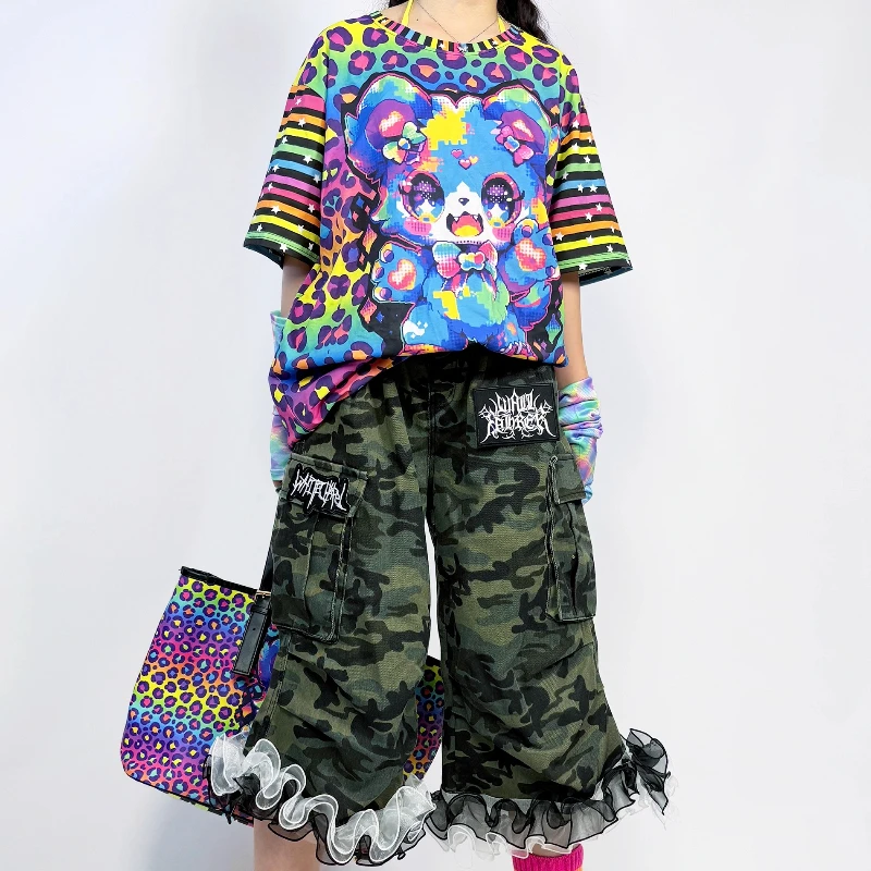 Original Heavy Craft Y2K Sweet Cool Camouflage Lace Women's Pants Summer Personality Fashion Loose Slimming Denim Capris Ladies