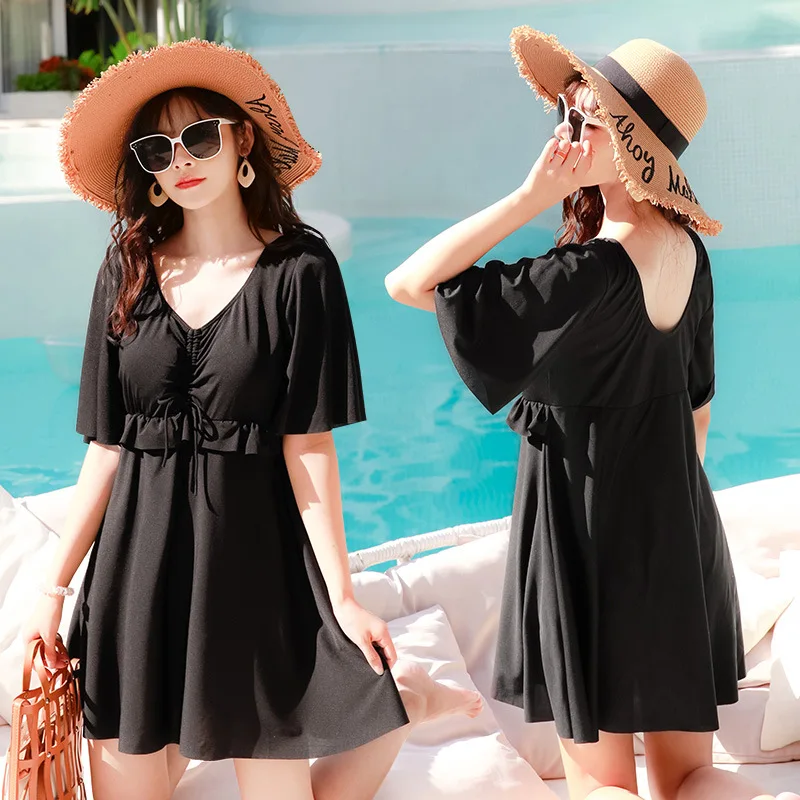 

Women's Swimdress V Neck Drawstring Ruffled Short Sleeve Tummy Control Modest Summer Beach Vacation Bathing Suit Swimwear