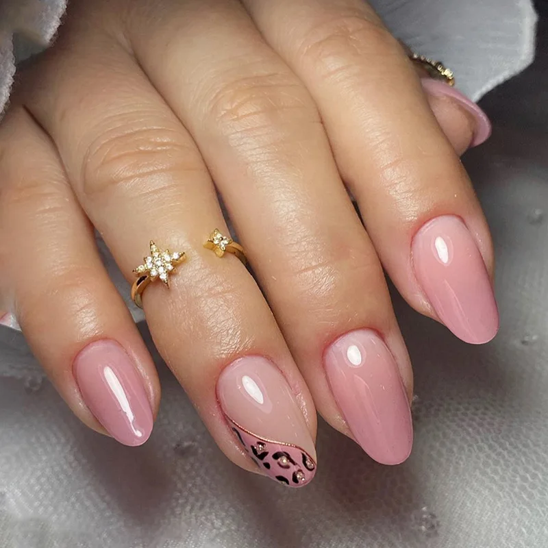 24 pçs amêndoa unhas falsas laranja leopardo impresso imprensa em unhas cobertura completa acrílico unhas falsas remendo para mulheres diy manicure arte