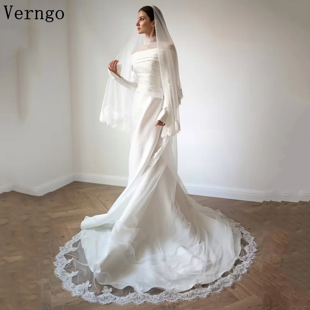 

Verngo lvory Crepe Lace Wedding Dress High Neck Full Sleeves Bridal Gowns Women Modest Mulism Bride Dresses Customized