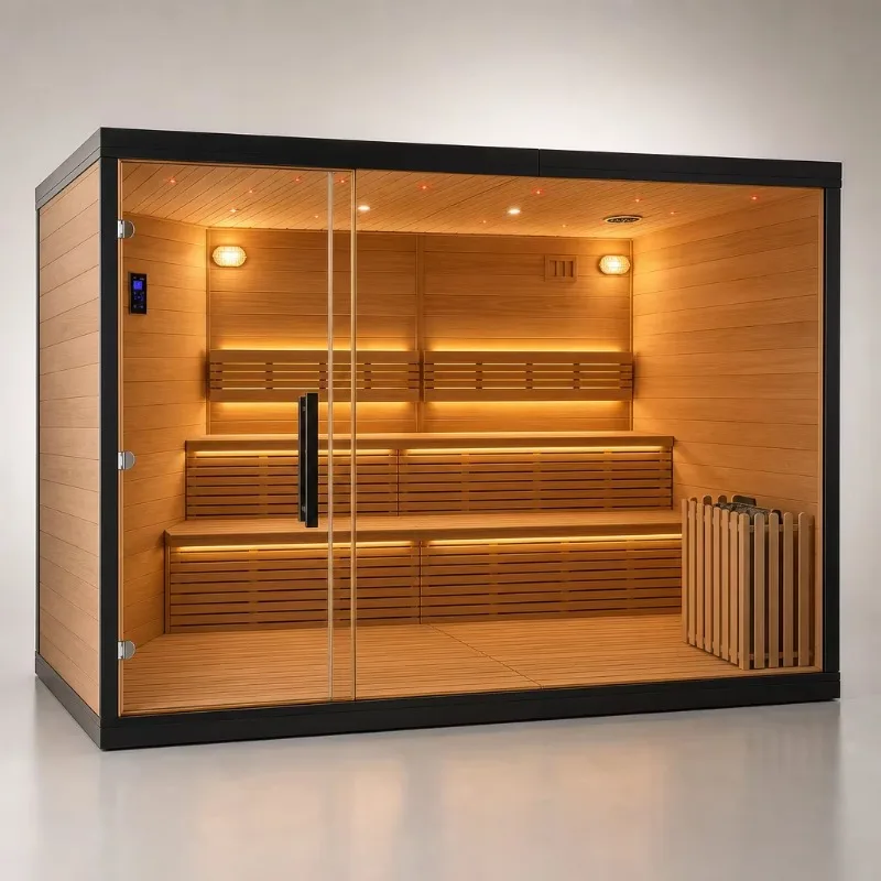 Outdoor Traditional Electric Sauna Room With Black Frame Full Glass Double Door Multi Level Benches Wall Control Panel Hotel Spa