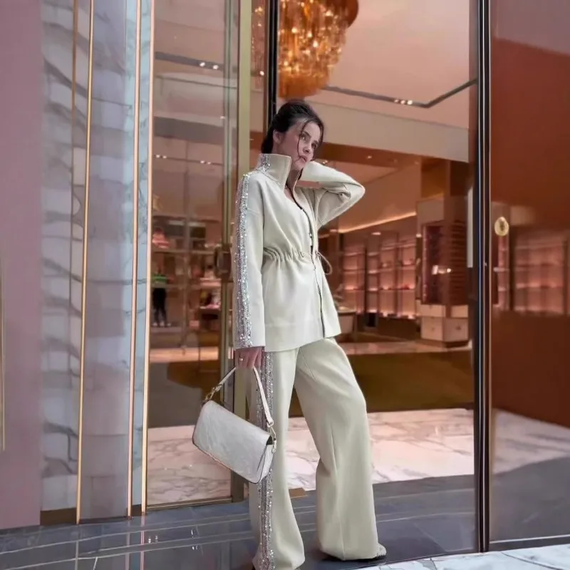 

Autumn Cross-border Amazon Fashion Drawstring Waist-cinching Top and Wide-leg Trousers Two-piece Set From Europe and America