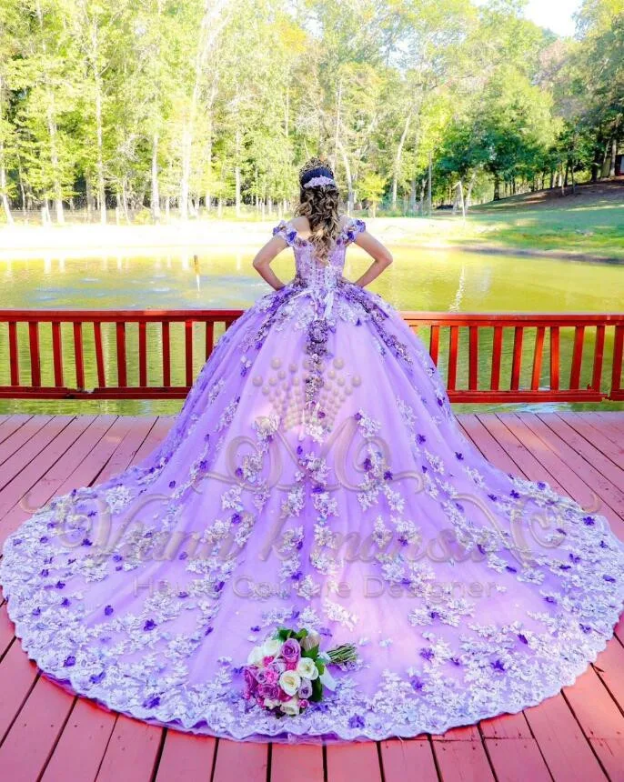 Lilac Lavender Vestidos de 15 quinceañera celeste Off Shoulder 3D Floral Chapel Train Corset Prom Robe princesses femme