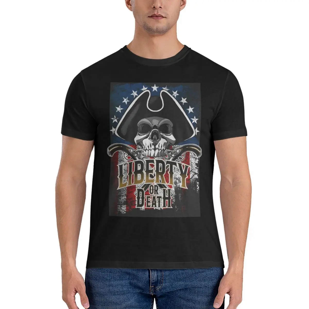 Pirate Hat Men T Shirt Liberty Or Death Vintage Tee Shirt Short Sleeve Round Neck T-Shirt 100% Cotton Printing Clothes