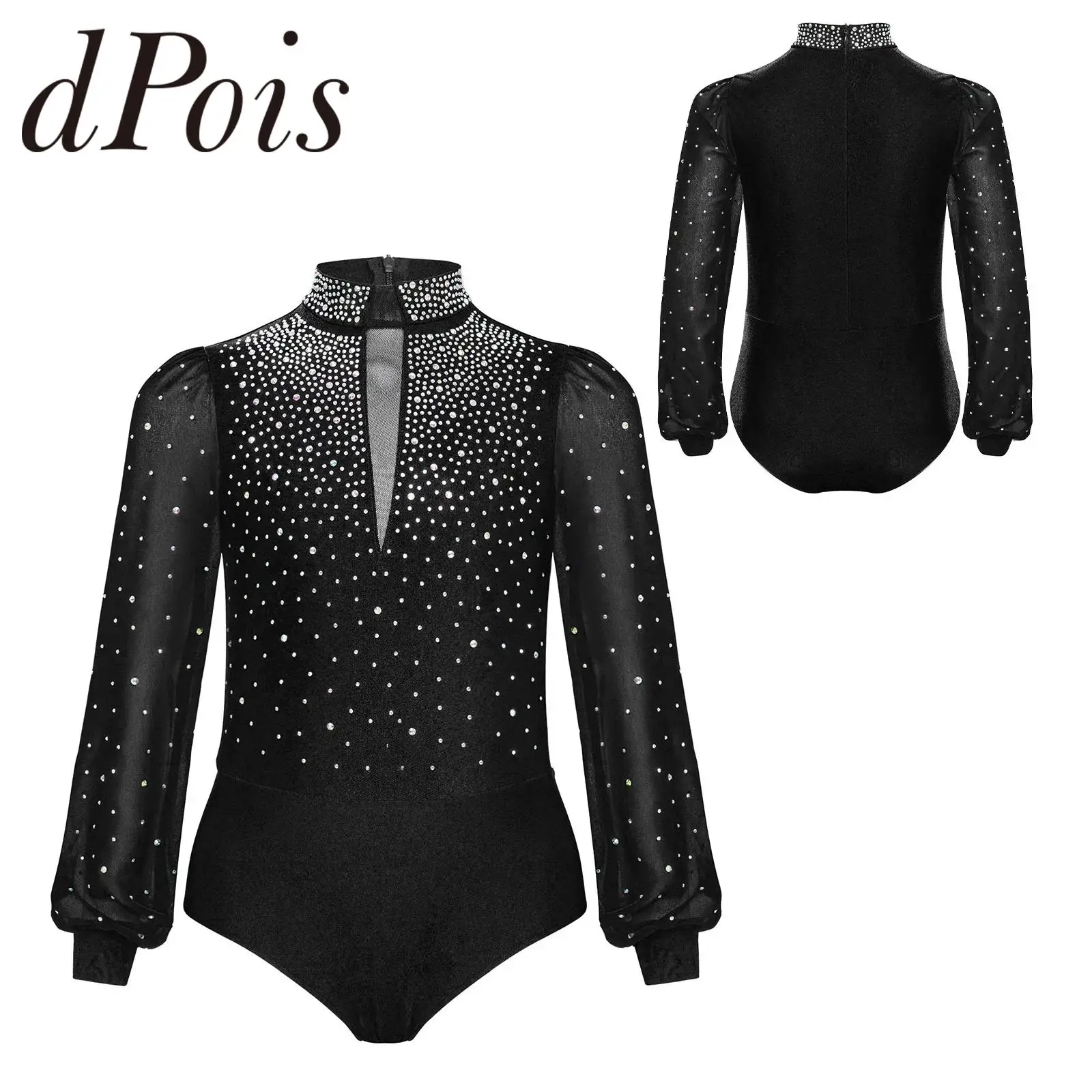 Kids Gymnastics Bodysuit for Boys Long Sleeve Rhinestones Zipper Leotard Latin Dance Bodysuit Figure Skating Dance Leotards
