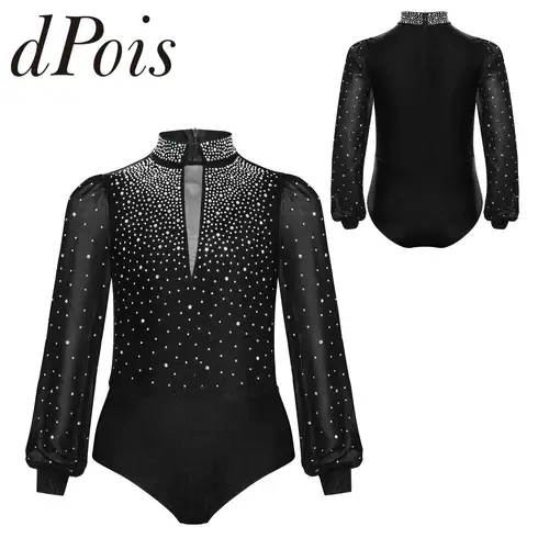 Body de gimnasia para niños, leotardo de manga larga con cremallera y diamantes de imitación, mono de baile latino, patinaje artístico, Leotardos de baile
