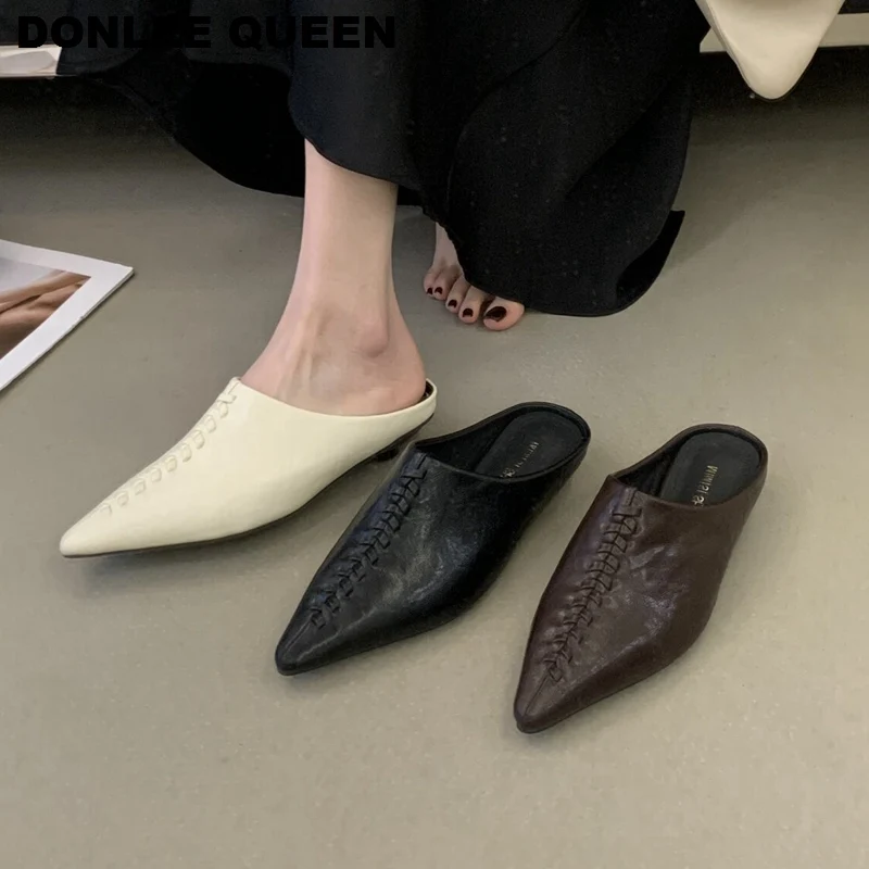 

Модные женские мюли-шлепанцы на низком каблуке, весна-лето 2026, плетеные мюли, женские лоферы, обувь