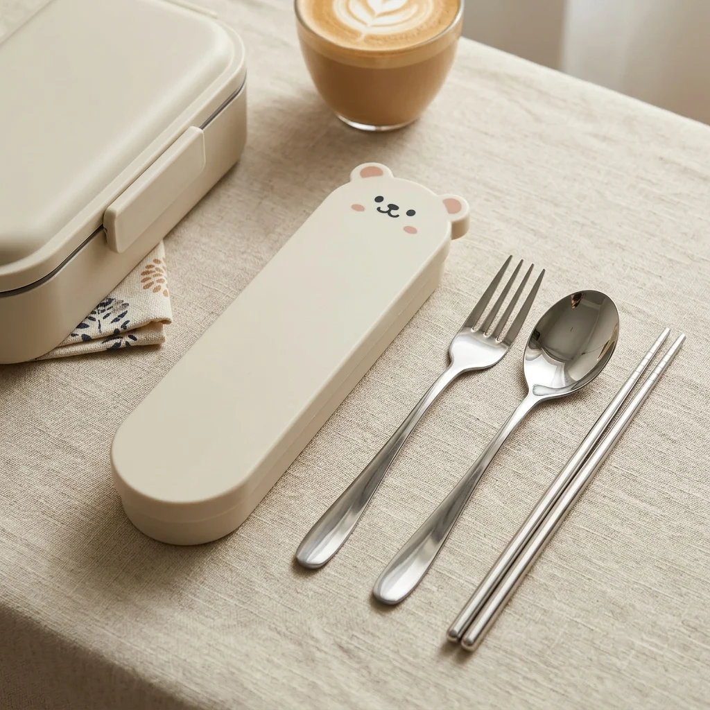 Stainless Steel Utensils Cutlery Set Spoons and Forks Set with Organizer Chopsticks Bear Case Kids School Travel Tableware