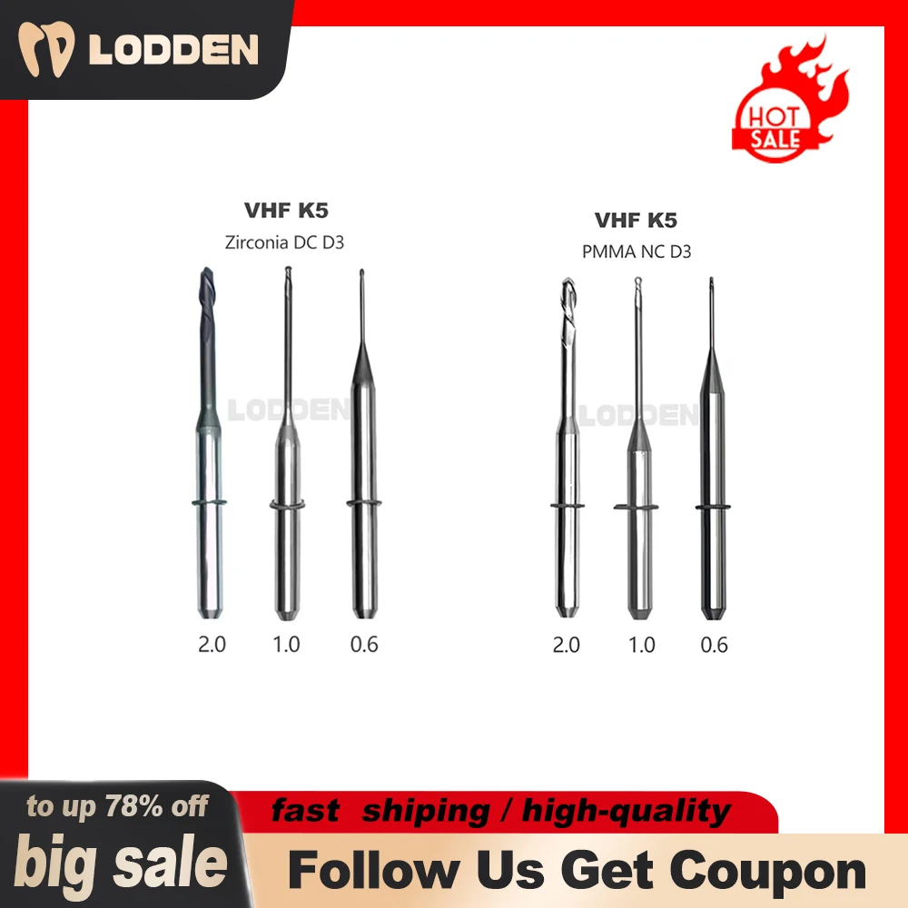 VHF K5 Dental Lab  Milling Burs for PMMA Zirconia Lithium Disilicate D3 Cutters 0.3/0.6/1.0/2.0 Diamond Grinding Tools