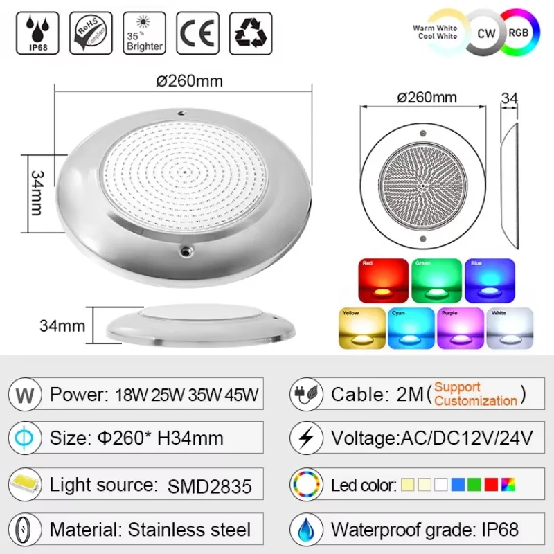 High Quality Stainless Steel 316L Underwater Light Waterproof Wireless Multi Color Resin Filled Led Swimming Pool Light