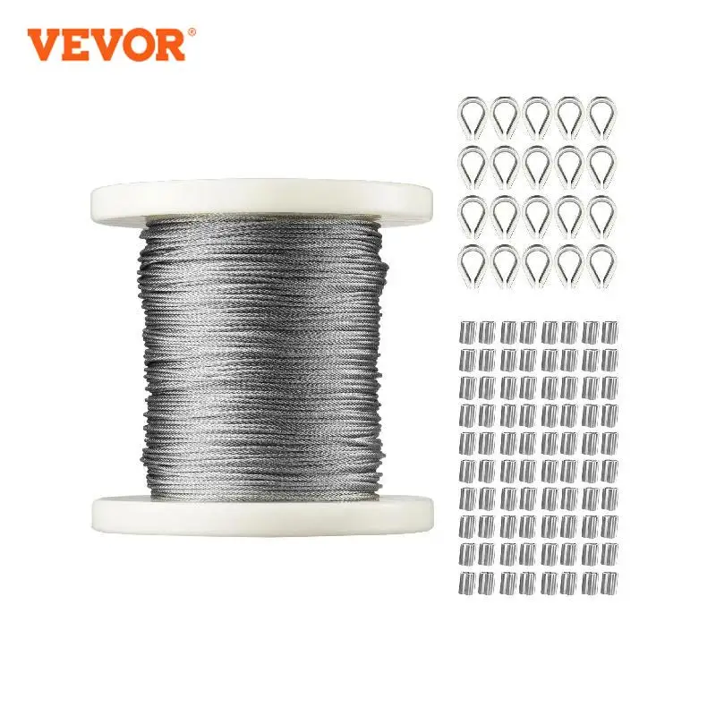 VEVOR Wire Rope Kit 304 Stainless Steel Cable Construction Marine Aircraft Grade for Handrail Decking Garden Fence Clothes Line