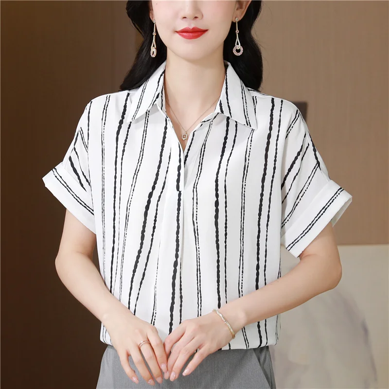 Satin Short Sleeved Shirt for Women Summer New Commuting Professional OL Blouse Temperament Mulberry Silk Striped Ladies Tops