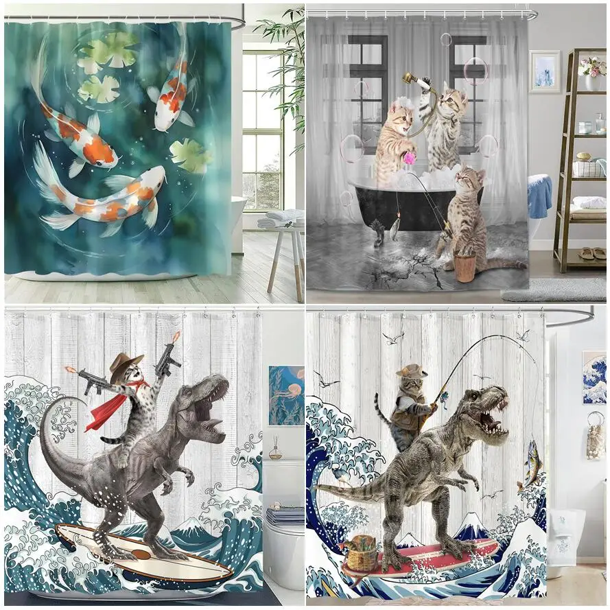 Funny Bathing Cat Shower Curtains Cute Animal Dinosaur Sea Waves Koi Creative Kids Bath Curtain Fabric Bathroom Decor with Hooks