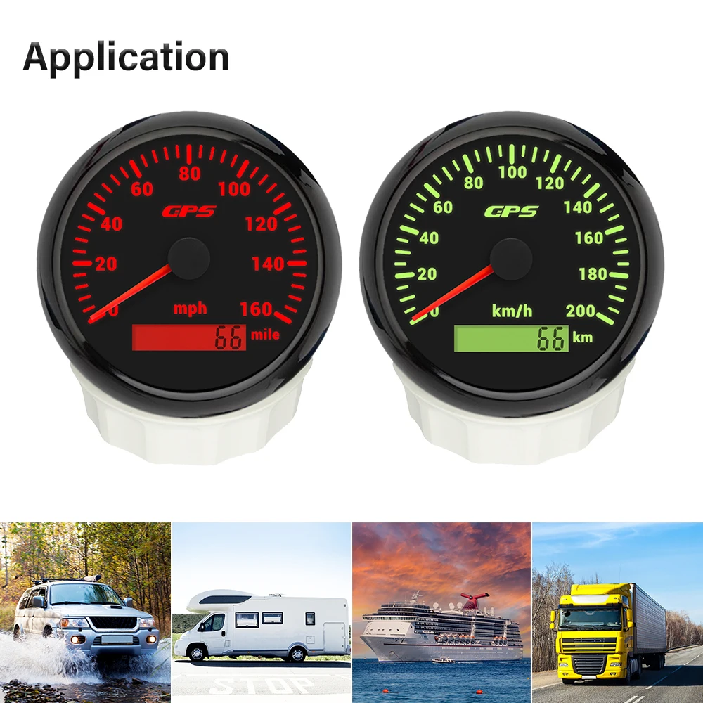 عداد السرعة Rhaxel 85mm GPS 30KM/H 80MPH 200MPH عداد المسافات مع 7 ألوان خلفية 12 فولت 24 فولت لأوعية الدراجات النارية في السيارة