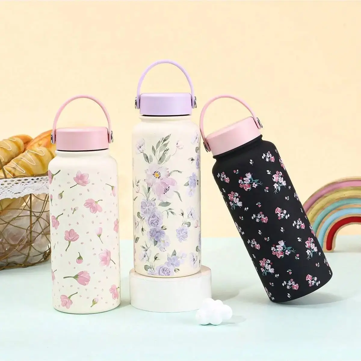 Portable Wide Mouth Kettle Thermos, Cute Bow Printed Sports Kettle, 1-Liter Large Capacity Coffee Cup, Ideal Gift Choice