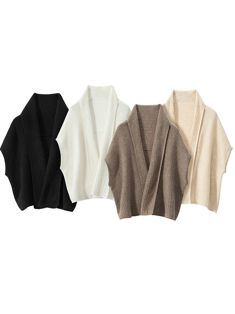 Women's Pure Color Cashmere Knitted Shoulder Wrap Scarf Loose Coat Cardigan Autumn Winter New Style Versatile Warmth Accessory