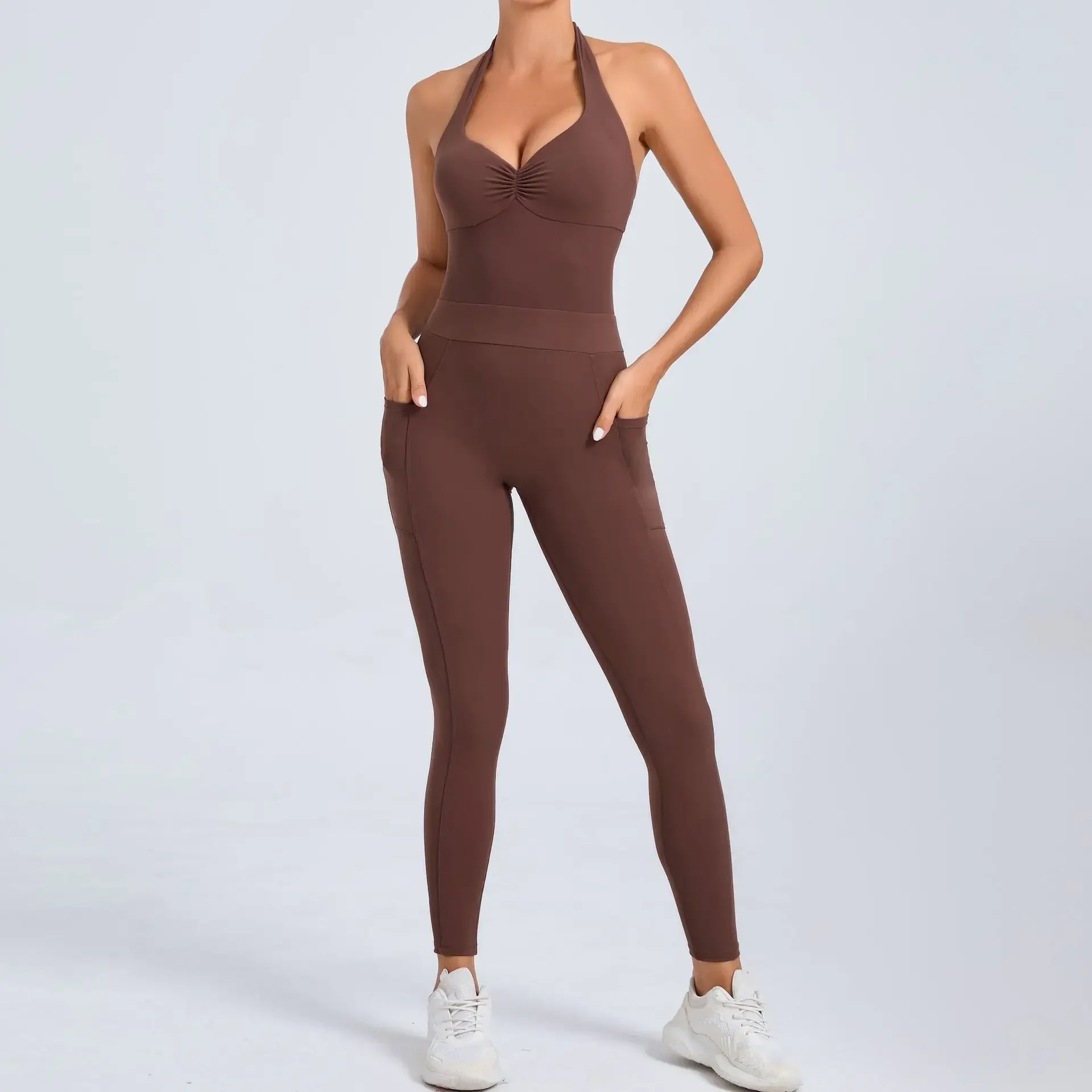 Seamless Yoga Jumpsuits Sports Fitness Halter Pockets Hip-lifting Dance Backless Tight Training Workout Gym Tracksuits for Women