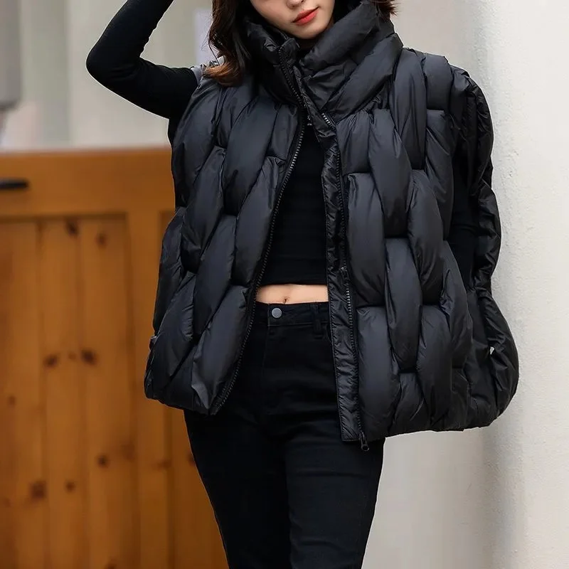 

Women Thick Vest Women Luxury Designer Square Weave High Collar Warm Vest Casual Oversized Warm Puffer Bubble Sleeveless jacket