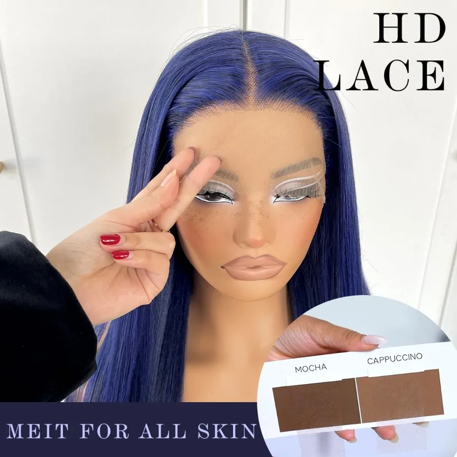 الأزرق مستقيم HD الدانتيل شعر مستعار أمامي PrePlucked غلويليس الاصطناعية الأزرق الداكن الدانتيل شعر مستعار أمامي للأزياء النساء الدانتيل الشفاف الجبهة