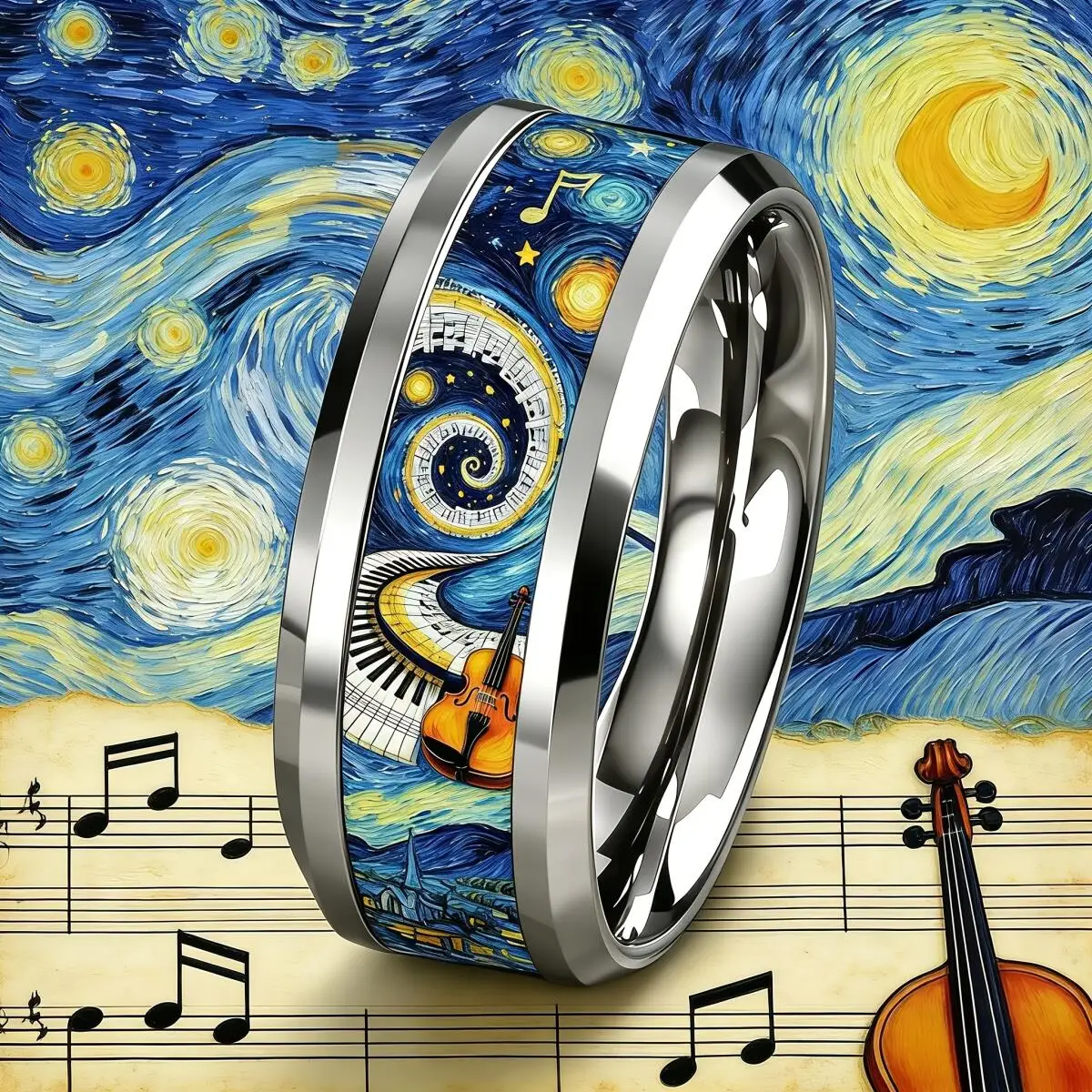 Men Stainless Steel Ring Music Note Violin Pattern Inlay Titanium Steel Wedding Band Art Music Pattern Jewelry for Music Lovers
