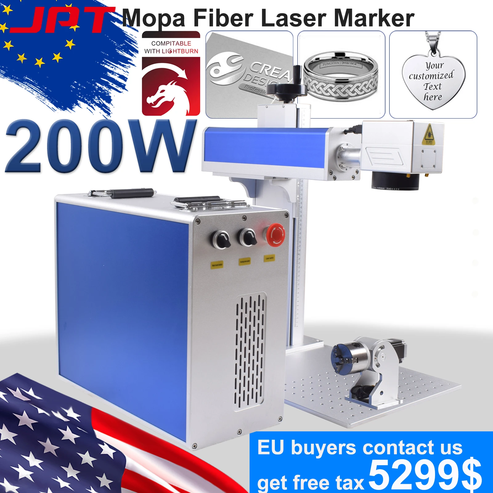 200 ワットガルボファイバーレーザーマーキングマシン JPT MOPA JPT 200 ワット MOPA M7 ゴールドシルバー金属彫刻切断 110*110 ミリメートル