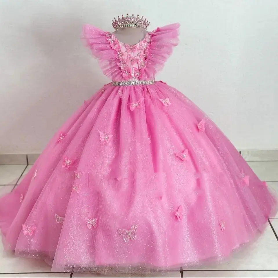 

Butterfly Pink Girls Birthday Party Dress Shiny Tulle Appliqued Flower Girl Dresses for Wedding Kids Prom Gown Customized