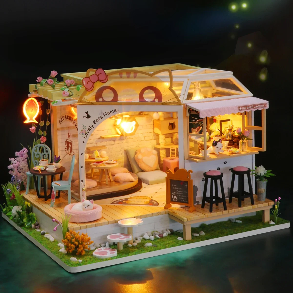 Doll House Cat Cafe DIY Small Kit Making Room Toys Home Bedroom Decoration with Furniture Wooden Accessories Girlfriend Gifts