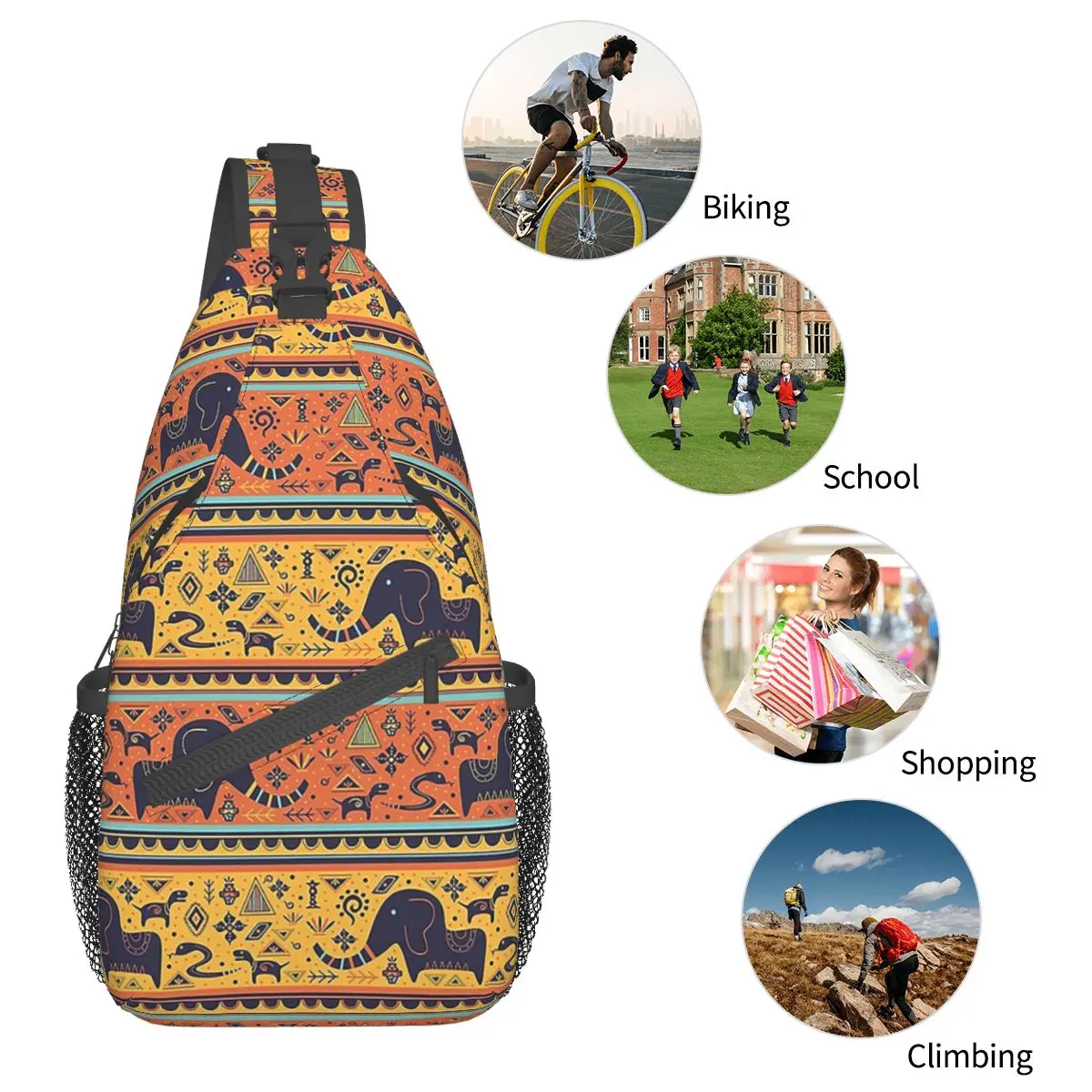 Olifant Tribal Afrikaanse Sling Bag Borst Crossbody Schouderslinger Rugzak Buiten Wandelen Dagrugzakken Cartoon Dierenmode Tas