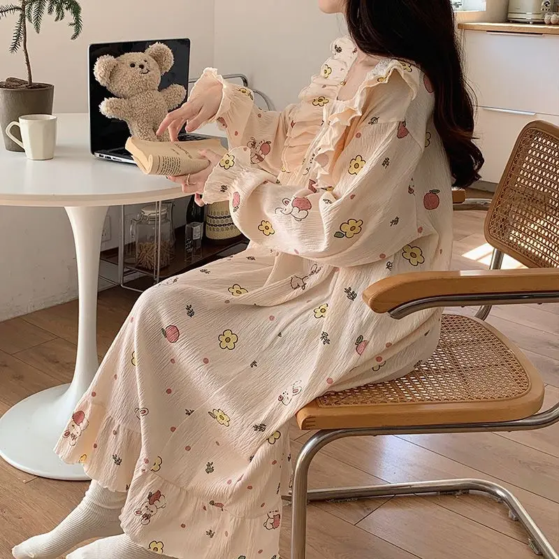 Floral Print Women Nightgown Sleepwear Square Collar Nightwear Korean Fashion Night Dress Long Sleeve Autumn One Piece Pajamas