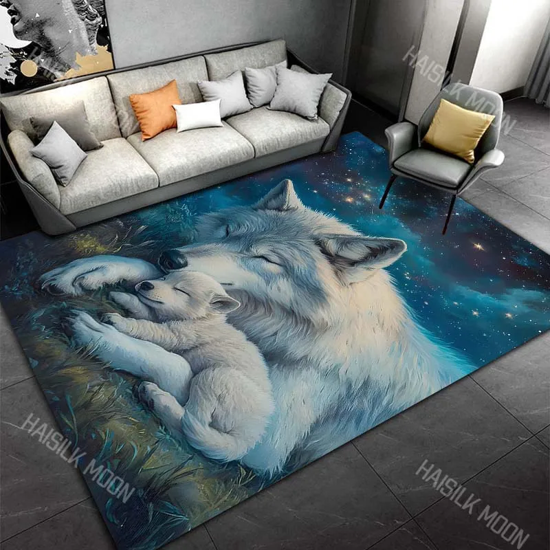 1PC mother wolf pup sleeping under stars Carpet for Living Room Bedroom Sofa Home Decor Rus Non-slip Floor Mat Luxury Gift