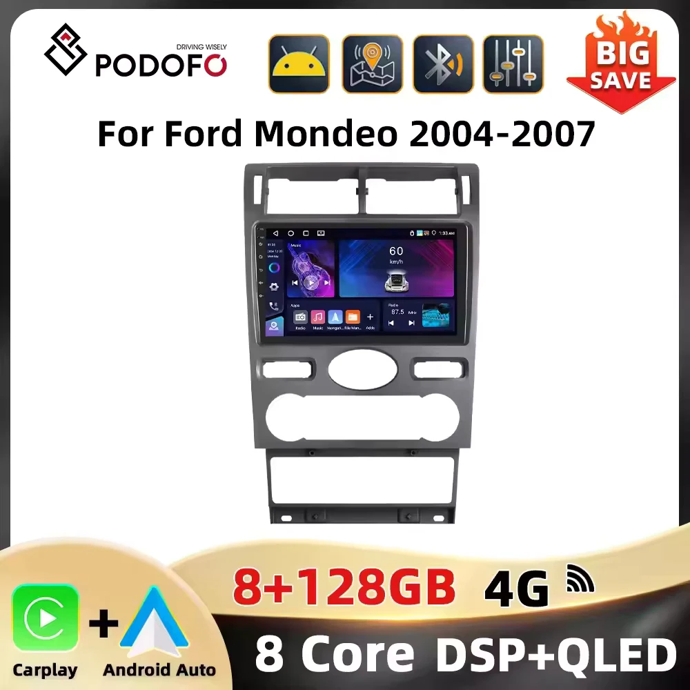 Podofo 9 ''2Din Radio de coche para Ford Mondeo 2004-2007 reproductor Multimedia Carplay Android navegación de coche DSP AI voz BT Audio de coche