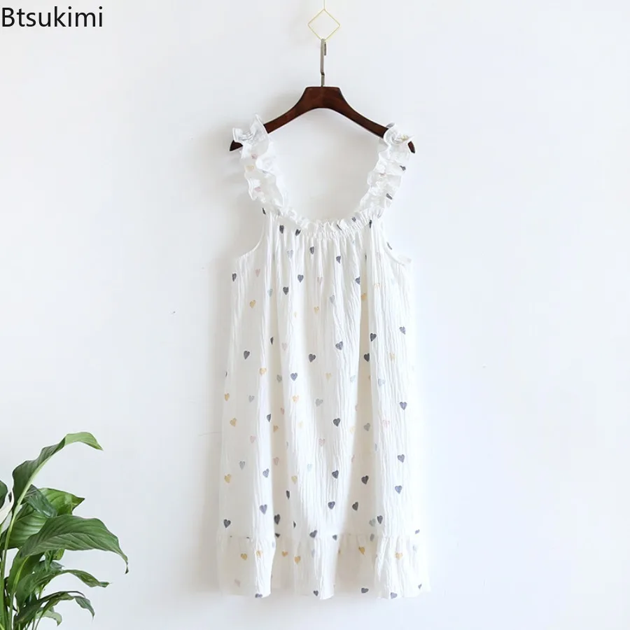 New 2025 Women's Summer Nightdress 100% Cotton Crepe Thin Vest Suspender Skirt Loose Long Skirt Sweet Cute Home Robes for Women