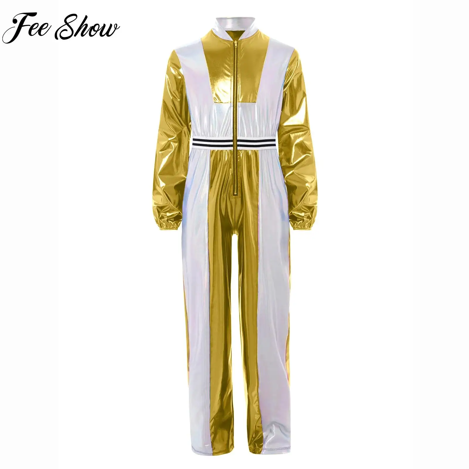 

Children Girls Hip-Hop Jazz Street Dance Costume Jumpsuit Long Sleeves Metallic Dance Bodysuit for Stage Performance Dance Party