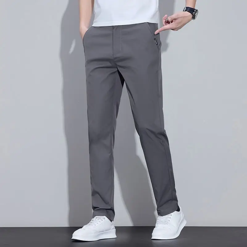 2026 Summer New Men Polyester Straight Slim Fit Casual Pants Elastic Waist Business Trousers Lightweight Breathable All-match Da
