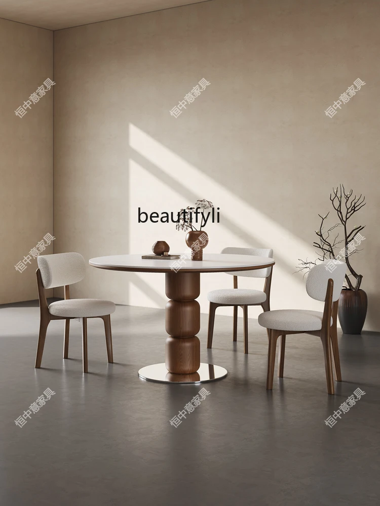 

Medieval solid wood rock slab dining table and chair combination new small apartment dining table round dining table
