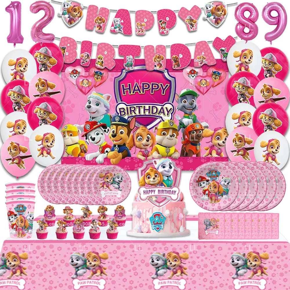 

Paw Patrol Pink Birthday Party Decor Set Puppy Cake Topper Balloon Tablecloth Cup Plate Banner Baby Shower Supplies Kids Gifts
