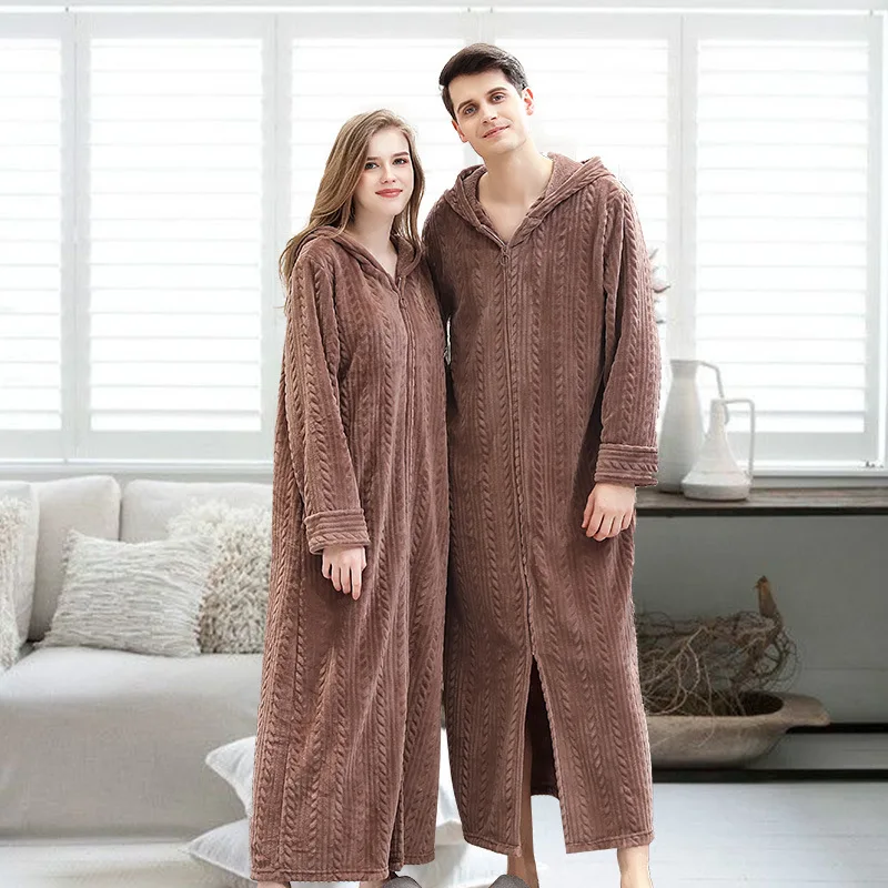 Women Extra Long Thermal Bathrobe Jacquard Flannel Winter Plus Size Pregnant Warm Bath Robe Zipper Dressing Gown Men Sleepwear