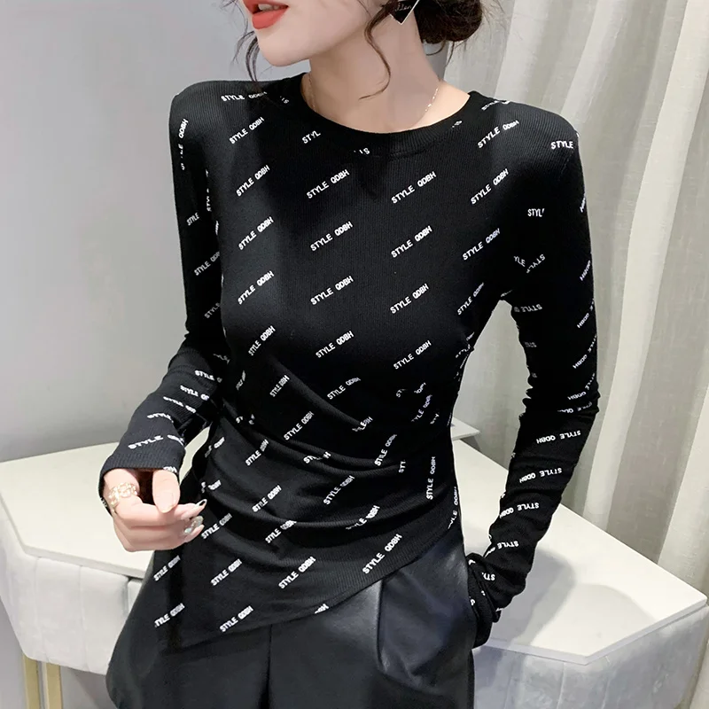 

#8112 White Black Khaki Asymmetrical T Shirt Women O Neck Casual Stretch Women's T-shirt Skinny Letters Printed T Shirt Femme