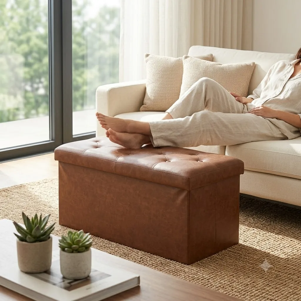 Banco Otomano Grande Acolchado de Cuero Sintético con Almacenamiento, Baúl de Almacenamiento Oculto con Tapa Abatible, Banco Acolchado para Zapatos y Reposapiés para Entrada, Dormitorio, Sala de Estar, Taburete de Almacenamiento Impermeable y Resistente al Desgaste para Zapatos, Juguetes y Mantas