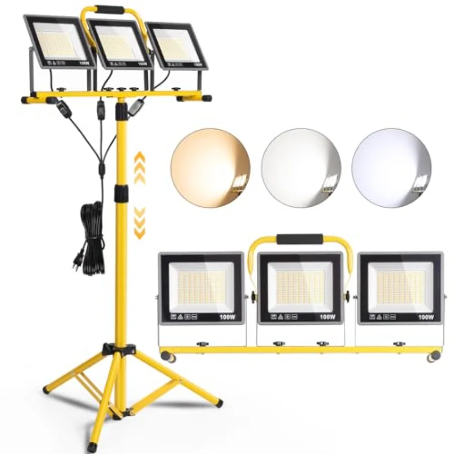 Portable LED Work Lights with Stand 31000 Lumen 3 Head Work Lights with Individual Switch 3000K/5000K/6500K Selectable and 16.5