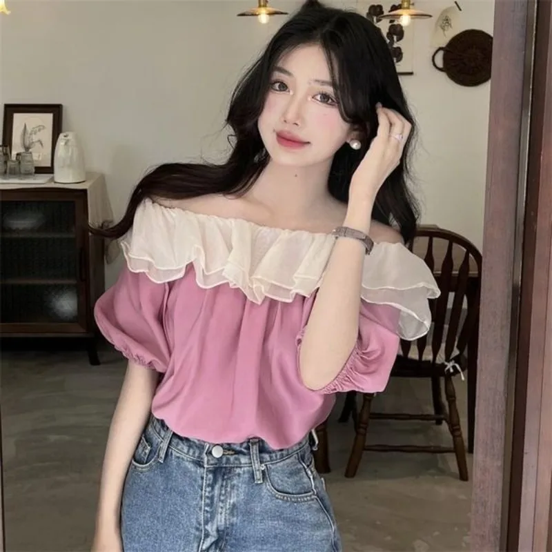 

DAYIFUN French Short Sleeve Shirts Women Slash Neck Exposed Shoulder Ruffled Edge Design Blouses Unique Summer Tops Sweet Blusas