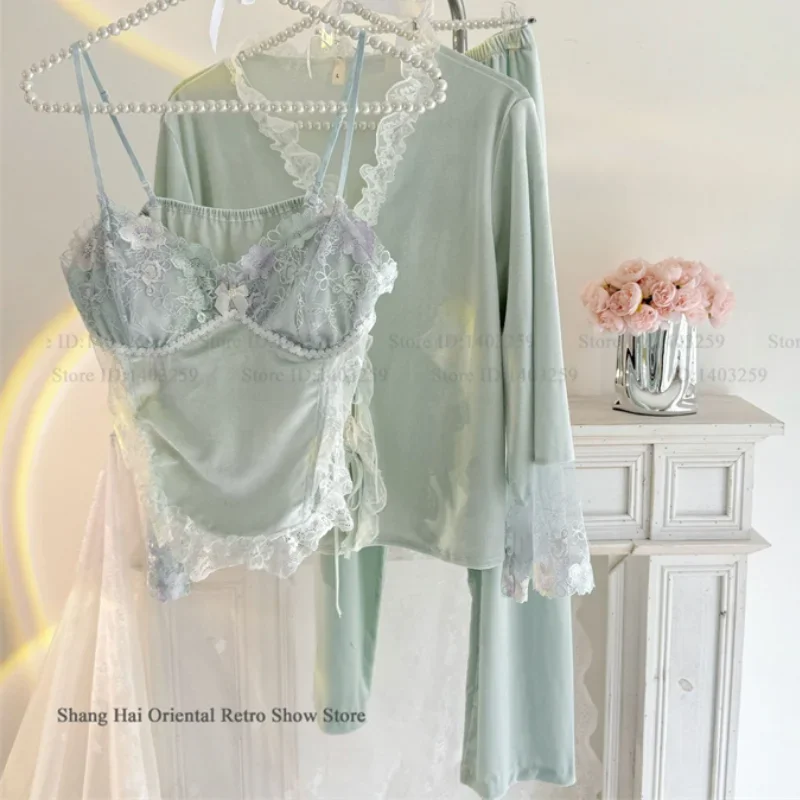 

Sweet French Style Pajamas Three-Piece Set Autumn Winter Women Velvet Home Clothes Patchwork Lace Pijamas Suit Casual Loungewear