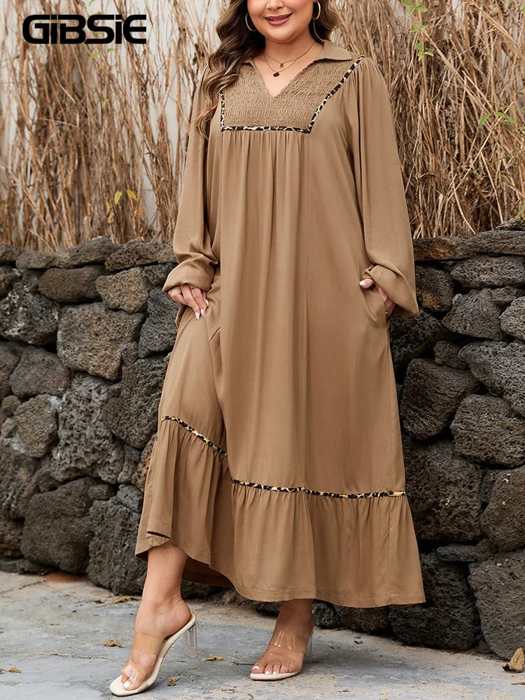 

GIBSIE Plus Size Leopard Trim Lantern Sleeve Loose Dress for Women 2026 Spring New V-Neck Pockets Ruffle Hem Casual Long Dresses