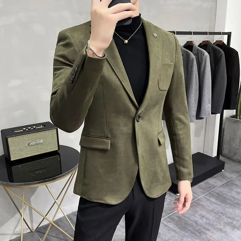 Setelan Suede musim dingin untuk pria, jaket atasan satu potong, jaket Suede jas kecil kasual desain ins trendi versi Korea slim fit 2-A29