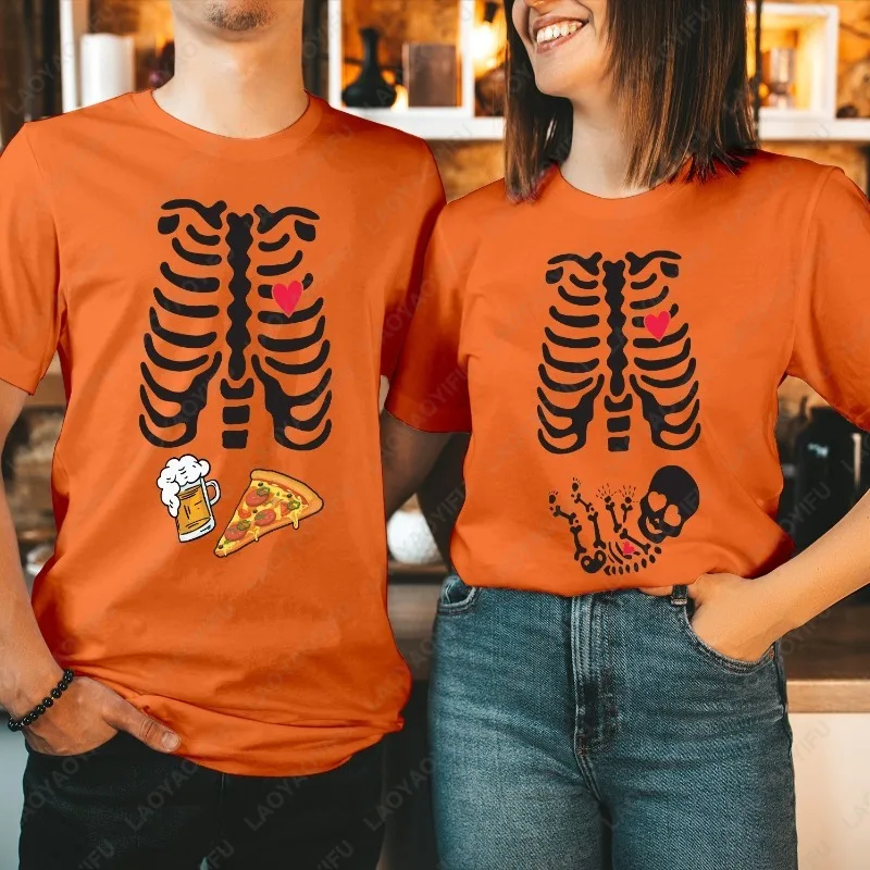 Birra e pizza Scheletro Ribcage Halloween Maternità T-shirt Coppia abbinata Top Uomo Donna Cotone a maniche corte T-shirt