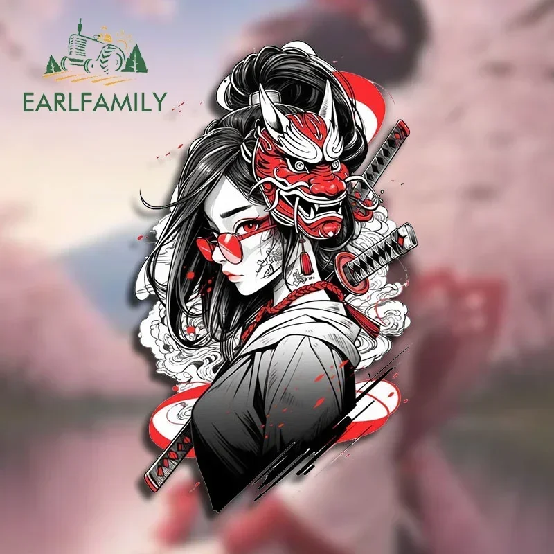 EARLFAMILY-Etiqueta de carro à prova de arranhões, menina guerreira Samurai, máscara Oni, decalques simples dos desenhos animados, prancha de surf,