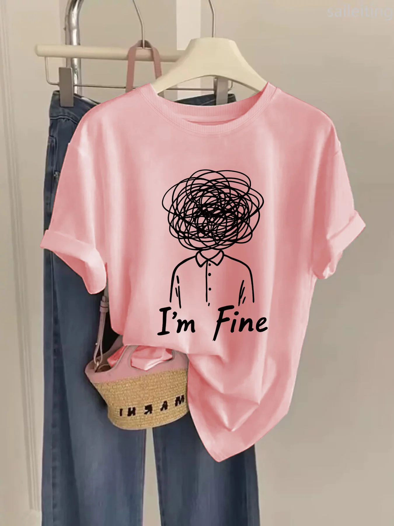 “Im Fine" Graphic Printed Women's T-shirt Casual Short Sleeve Crew Neck Top Line Art Summer Harajuku Streetwear Women's Clothing view 2